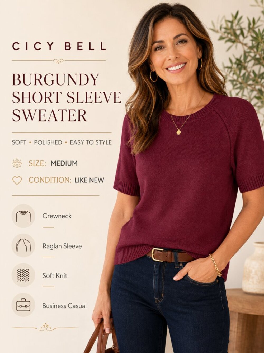 Cicy Bell Burgundy Short Sleeve Crewneck Knit Sweater Medium Like New